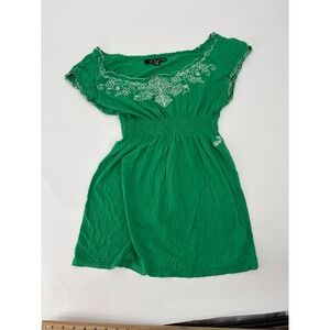 Volcom Green Embroidered Boho Smocked Waist Babydoll Top Mini Dress Large